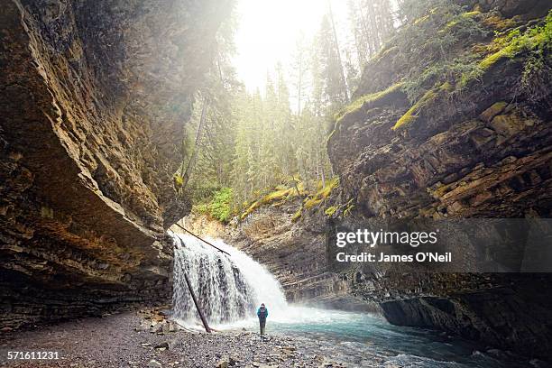 lone female traveller under waterfall