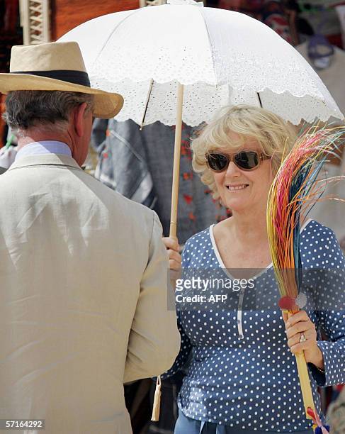 Camilla, the Duchess of Cornwall, carrying a brush made from plam tree branches, smiles to her husband Prince Charles in the oasis town of Siwa in...