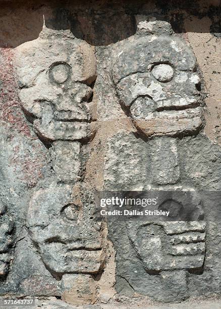 the wall of skulls of the tzompantli, chichen itza - tzompantli fotografías e imágenes de stock