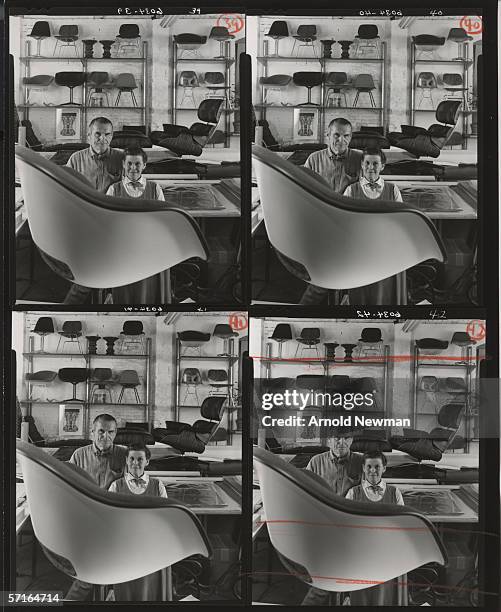 Color photograph of a black and white contact sheet of portraits of American designers and married couple Charles and Ray Eames , who stand behind a...