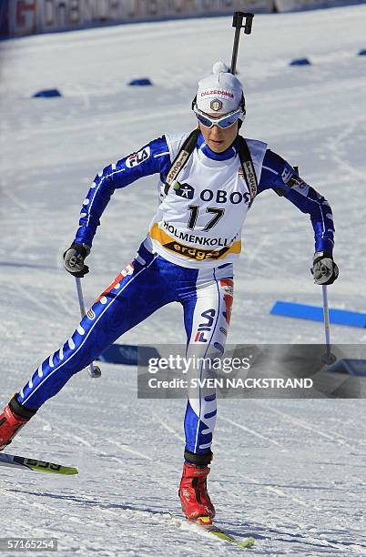 Italian Michaela Ponza skis to a second place in the season's last 7.5 km sprint in the World Cup Biathlon finals in Holmenkollen, Oslo, 23 March...