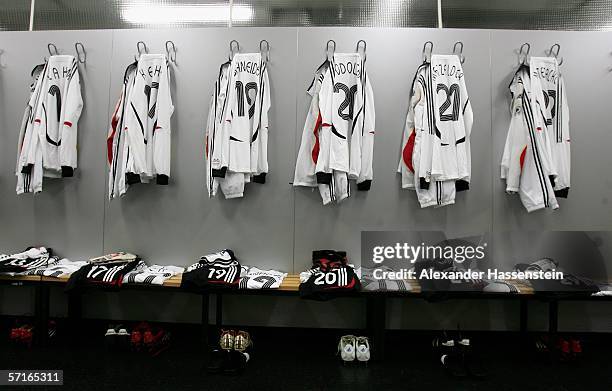 The uniforms of the German National Team Players is seen in the Locker room before the international friendly match between Germany and the USA at...