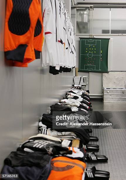 The uniforms of the German National Team Players is seen in the Locker room before the international friendly match between Germany and the USA at...