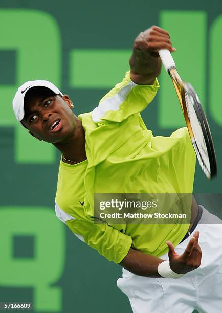 Donald Young serves to Carlos Berlocq of Argentina during the Nasdaq-100 Open at the Tennis Center at Crandon Park on March 23, 2006 in Miami,...