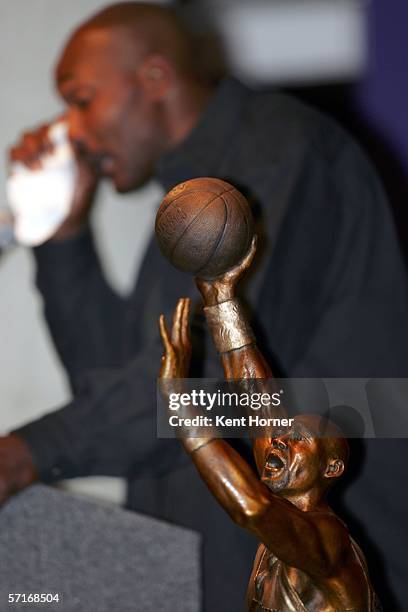 Retired power-foward Karl Malone speaks at the unveiling of the statue commissioned by the Utah Jazz owner Larry H. Miller on March 23, 2006 at the...