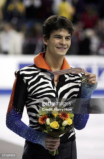 Stephane Lambiel of Switzerland poses with his gold medal in the Men's Free Skate during the ISU World Figure Skating Championships at the Pengrowth...