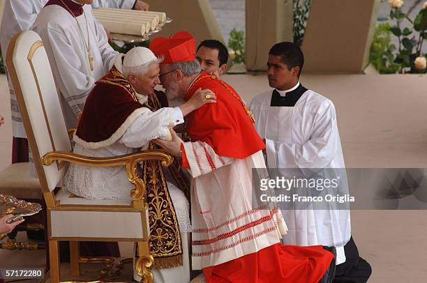 New cardinal Sean Patrick O'Malley, Archbishop of Boston, receives the biretta cap from Pope Benedict XVI in Saint Peter's Square, March 24, 2006 in...