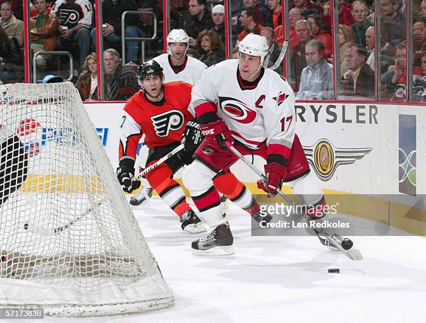 March 8: Rod Brind'Amour of the Carolina Hurricanes skates with the puck during the game against the Philadelphia Flyers at the Wachovia Center on...