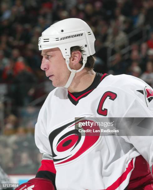 March 8: Rod Brind'Amour of the Carolina Hurricanes skates during the game against the Philadelphia Flyers at the Wachovia Center on March 8,2006 in...