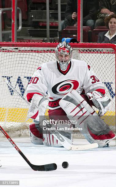 March 8: Goaltender Cam Ward of the Carolina Hurricanes guards the net before the game against the Philadelphia Flyers at the Wachovia Center on...