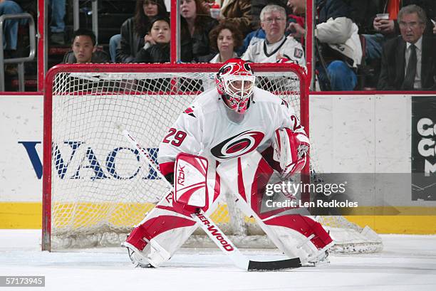 March 8: Goaltender Martin Gerber of the Carolina Hurricanes guards the net during the game against the Philadelphia Flyers at the Wachovia Center on...