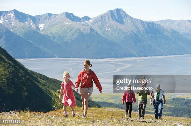 group of people hiking, mighty might trail, alyeska resort, turnagain arm, mt. alyeska, girdwood, alaska, usa - anchorage alaska stock pictures, royalty-free photos & images