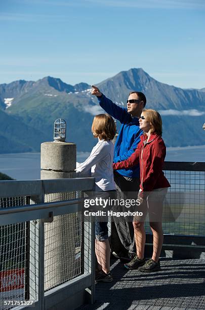 tourists looking at view from roundhouse observation deck, alyeska resort, girdwood, alaska, usa - cook inlet stock pictures, royalty-free photos & images