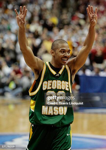 Lamar Butlet of the George Mason Patriots celebrates the win over the Wichita State Shockers during the Regionals of the NCAA Men's Basketball...