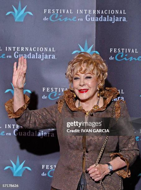 Mexican actress Silvia Pinal, greets the crowd before receiving the Order "Isabel la Catolica" of Spain, at the opening of the Mexican Cinema...