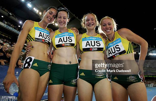 Jana Pittman, Caitlin Willis,Tamsyn Lewis and Rosemary Hayward of Australia pose for a picture after they competed during the women's 4x400 metre...