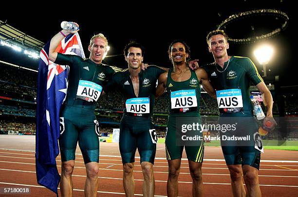 The Australian relay team John Steffensen, Chris Troode, Mark Ormrod and Clinton Hill celebrate winning the men?s 4x400 metre relay final at the...