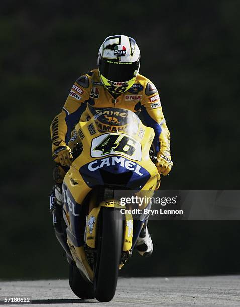 Valentino Rossi of Italy and Camel Yamaha in action during Free Practice Three for the MotoGP of Spain at the Circuito de Jerez, on March 25, 2006 in...