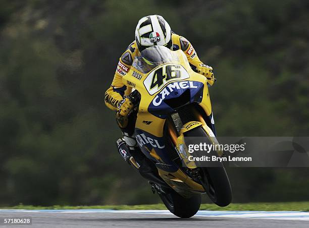 Valentino Rossi of Italy and Camel Yamaha in action during Free Practice Three for the MotoGP of Spain at the Circuito de Jerez, on March 25,2006 in...