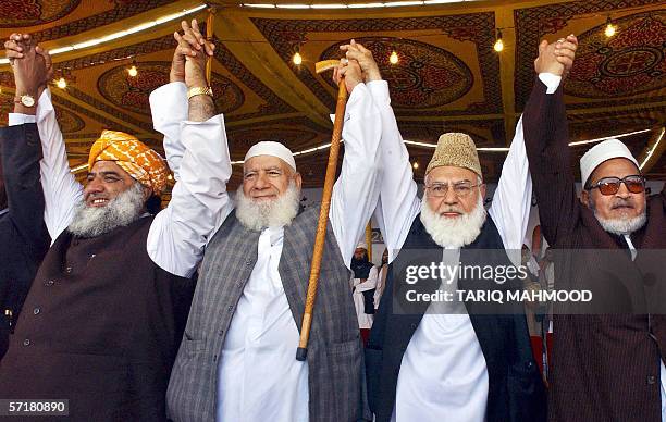 Pakistani leaders of hardline Muttahida Majlis-e-Amal Qazi Hussain Ahmad and Maulana Fazlur Rehman and Egyptian parliament member Alsyed Abdul...