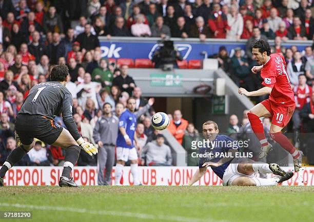 Liverpool, UNITED KINGDOM: Liverpool's Luis Garcia gets a shot in against Everton goalkeeper Richard Wright during their English Premiership soccer...