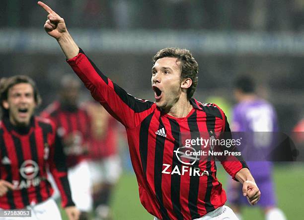 Andriy Shevchenko of Milan celebrates his goal during the AC Milan v Fiorentina Serie A game on March 25, 2006 at the San Siro in Milan, Italy.