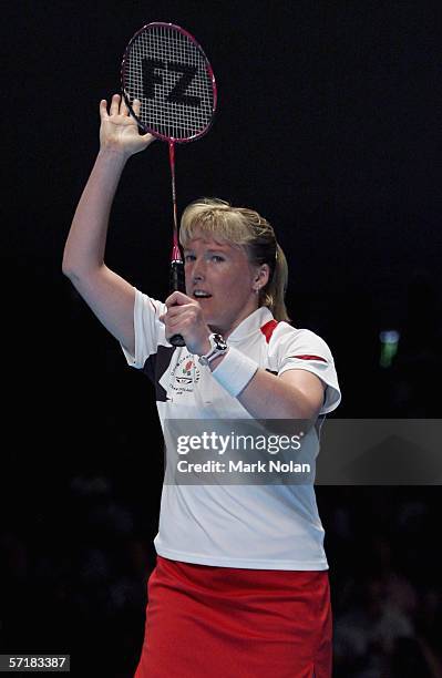 Tracey Jayne Hallam of England reacts during the final of the women's singles badminton match against Mew Choo Wong of Malaysia on day eleven of the...
