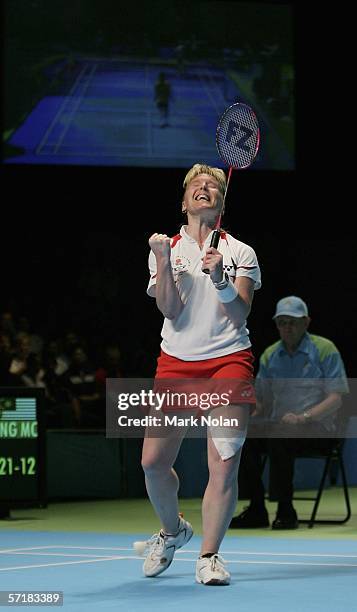 Tracey Jayne Hallam of England celebrates winning the final of the women's singles badminton match against Mew Choo Wong of Malaysia on day eleven of...