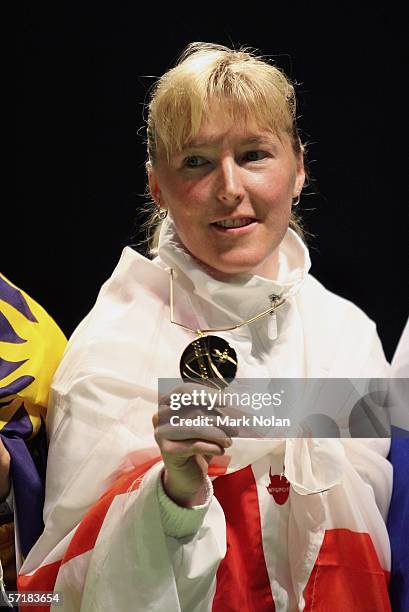 Tracey Jayne Hallam of England poses for a picture during the medal ceremony for the women's singles badminton match on day eleven of the Melbourne...