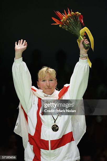 Tracey Jayne Hallam of England poses for a picture during the medal ceremony for the women's singles badminton match on day eleven of the Melbourne...