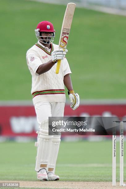 Runako Morton of the West Indies celebrates 50 runs during day two of the third test match between New Zealand and the West Indies at McLean Park...