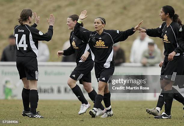Sandra Smisek of Frankfurt celebrates after scoring the 1st goal during the Women's DFB German Cup semi final match between FCR Duisburg and 1. FFC...