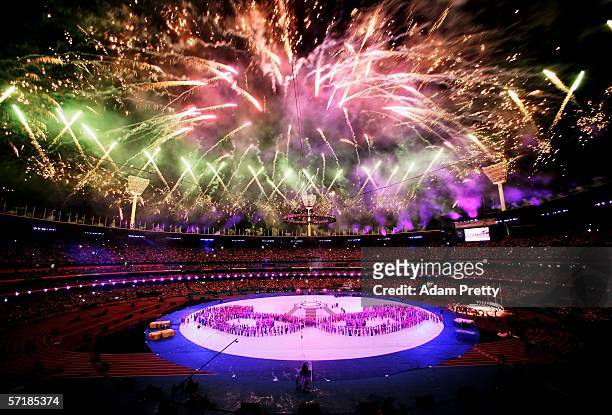 Fireworks explode over the Melbourne Cricket Cround during the Closing Ceremony for the Melbourne 2006 Commonwealth Games at the Melbourne Cricket...