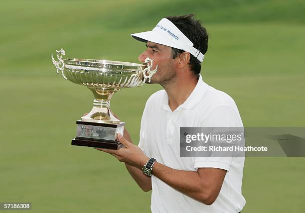 Jean Van de Velde of France kisses the trophy after winning the Madeira Island Open 2006 at Clube de Golf Santo de Serra on March 26, 2006 in...