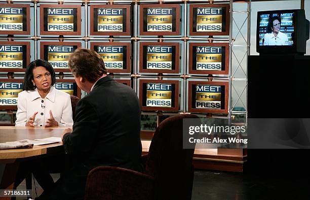 Secretary of State Condoleezza Rice speaks as she is interviewed by moderator Tim Russert during a taping of "Meet the Press" at the NBC studios...