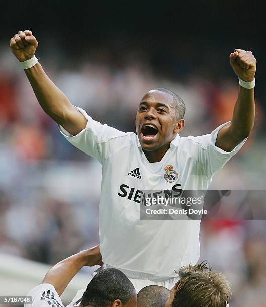 Robinho of Real Madrid celebrates after Ronaldo scored Real's second goal during the Primera Liga match between Real Madrid and Deportivo La Coruna...