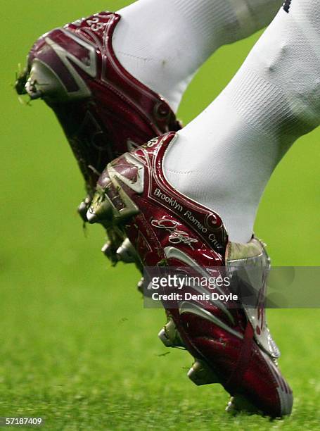Real Madrid's David Beckham's shoes with the names of his children Brooklyn, Romeo and Cruz written on them are seeb during a Primera Liga match...
