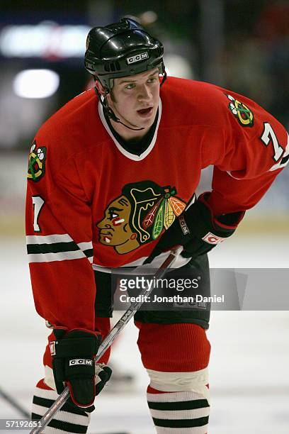 Brent Seabrook of the Chicago Blackhawks looks on during the game against the Phoenix Coyotes on March 19, 2006 at the United Center in Chicago,...