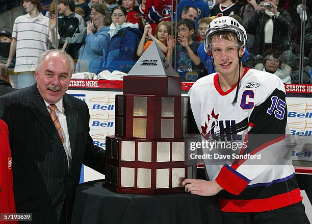 Jordan Staal of Team Orr poses with the trophy after Team Orr defeated Team Cherry in the CHL Top Prospects game at Scotia Bank Place on January 18,...