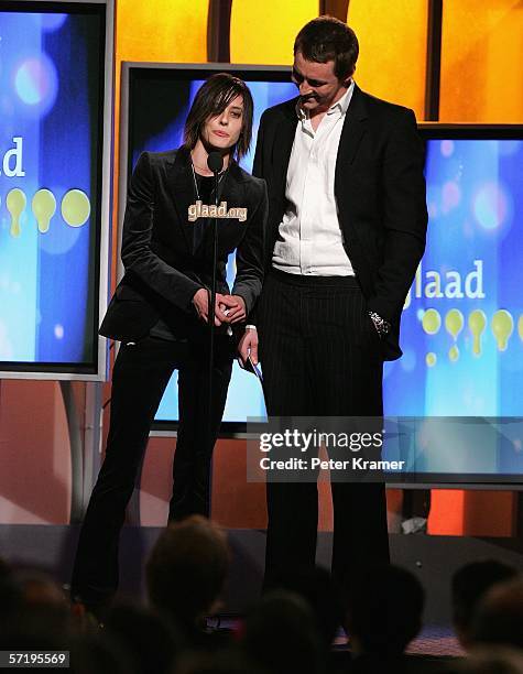 Actors Katherine Moennig and Lee Pace speak at the 17th annual GLAAD Media Awards at the Marriott Marquis Hotel March 27, 2006 in New York City.