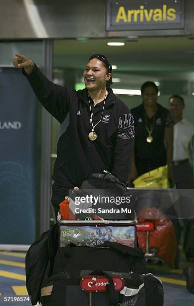 Shot put gold medalist Valerie Vili arrives home with the New Zealand athletes from the Commonwealth Games at Auckland International airport, March...