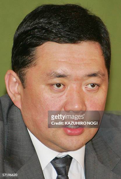 Mongolian Prime Minister Miyeegombo Enkhbold speaks at a press conference at the Japan National Press Club in Tokyo, 28 March 2006. Miyeegombo...