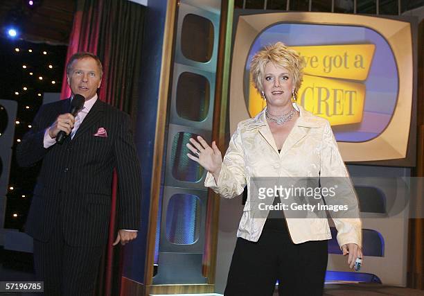 Host Bil Dwyer and regular panalist Suzanne Westenhoeffer appear at a party to premiere GSN's new "I've Got A Secret" game show for the Los Angeles...