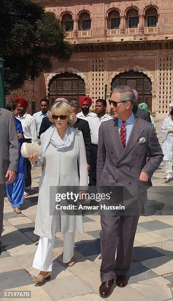 Camilla, Duchess of Cornwall, wearing a shalwar kameez and Prince Charles, Prince of Wales visit a small fort on the ninth day of their 12 day...