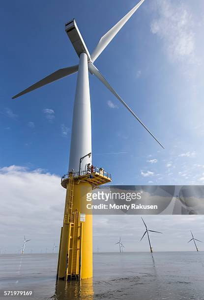 engineer climbing wind turbine from boat at offshore windfarm - north sea wind farm stock pictures, royalty-free photos & images