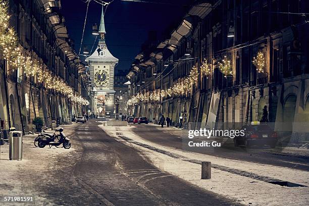 night time view of christmas lights in street, lausanne, switzerland - switzerland city stock-fotos und bilder