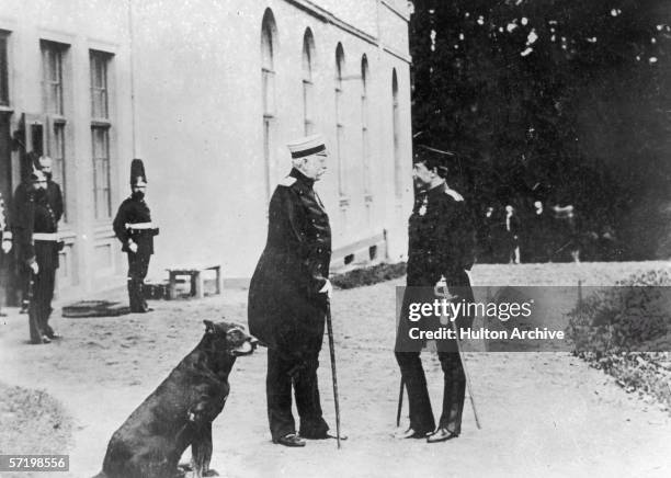 Chancellor of Germany Prince Otto von Bismarck with Kaiser Wilhelm II in front of Bismarck's Friedrichsruh residence, 30th October 1888.