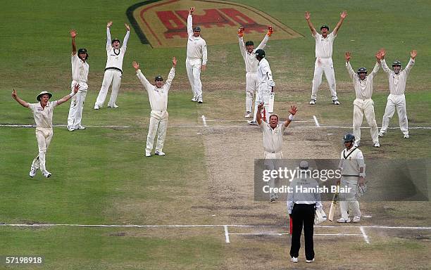 Shane Warne of Australia leads his team mates in a successful appeal for the final wicket of Makhaya Ntini of South Africa during day five of the...