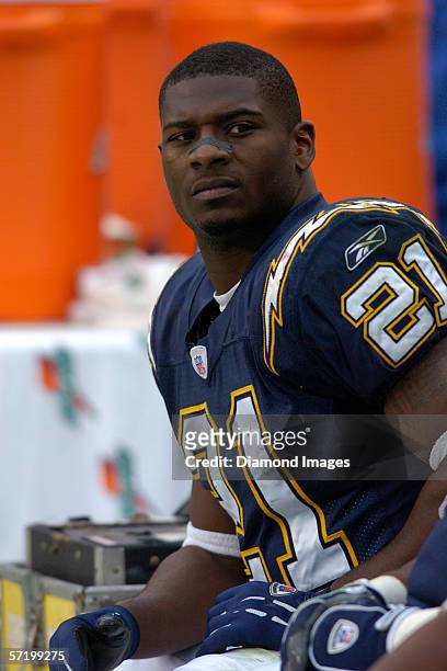 Runningback LaDainian Tomlinson, of the San Diego Chargers, on the bench during a game on November 27, 2005 against the Washington Redskins at Fedex...