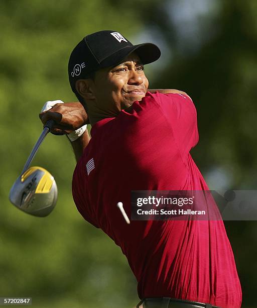 Tiger Woods hits his tee shot on the 14th hole during the second day of the Tavistock Cup at the Isleworth Golf and Country Club on March 28, 2006 in...